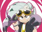  2017 ambiguous_gender arthropod black_clothing black_topwear claws clothing digital_media_(artwork) duo eyewear eyewear_on_head gold_necklace golisopod grey_body grey_eyes hair human kotaro_kurokawa male mammal nintendo pok&eacute;mon pok&eacute;mon_(species) purple_body shirt simple_background skull_boss_guzma smile sunglasses sunglasses_on_head team_skull topwear video_games white_clothing white_hair white_shirt white_topwear 