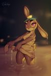  absurd_res anthro clothing colored disney english_text female hi_res judy_hopps lagomorph leporid lily_pad looking_at_viewer mammal plant rabbit radaq solo text water wet wet_clothing zootopia 