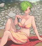  1girl absurdres alternate_costume alternate_hairstyle ballpoint_pen_(medium) bangs bare_shoulders blanket blush bob_cut breasts collarbone commentary_request cup day deep_skin front-tie_top green_hair half-closed_eyes highres huge_breasts kazami_yuuka legs lips looking_afar navel orange_swimsuit outdoors parted_bangs parted_lips red_eyes riverbank rock sarong shiny shiny_hair short_hair side_slit sidelighting sitting skinnytorch smile solo stomach stream swimsuit thighs touhou traditional_media water wooden_table 