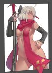  1girl absurdres ahoge arm_guards bangs black_bow blush bow breasts dark_skin detached_sleeves fate/grand_order fate_(series) grey_eyes grey_hair hair_bow half_updo hand_on_hip highres jikeshi katana koha-ace looking_to_the_side medium_breasts naked_scarf navel okita_souji_(alter)_(fate) okita_souji_(fate)_(all) red_scarf scarf short_hair sword tassel thighs weapon white_background 