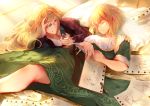  2girls absurdres arte arte_(character) blonde_hair day dress green_dress highres looking_at_another lying multiple_girls on_side paper pillow pipe ririri short_hair sleeping sunlight veronica_(arte) yuri 