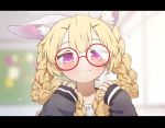  1girl animal_ear_fluff animal_ears blonde_hair blurry blurry_background blush braid bunny_ears closed_mouth depth_of_field girls_frontline glasses grey_shirt hair_ornament hairclip head_tilt highres holding holding_hair indoors letterboxed long_hair long_sleeves looking_at_viewer mountain_han purple_eyes red-framed_eyewear round_eyewear school_uniform serafuku shirt sleeves_past_wrists smile solo sr-3mp_(girls_frontline) twin_braids upper_body 