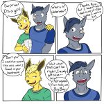  1:1 anthro anthrofied clothed clothing comic dialogue duo eeveelution english_text fully_clothed fuze hi_res jolteon male male/male nintendo pok&eacute;mon pok&eacute;mon_(species) rhydon shirt simple_background t-shirt text topwear video_games white_background 