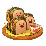  bread cheese cup derivative_work drink dugtrio english_commentary food gen_1_pokemon lettuce no_humans pokemon pokemon_(creature) pokemon_(game) pokemon_cafe_mix sandwich shiny simple_background studiolg tea teacup tomato tray white_background 