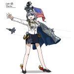  1girl aiguillette american_flag anchor anyan_(jooho) black_footwear black_skirt blue_eyes buttons cape commentary_request f-18_hornet grey_cape grey_hair headgear high_collar highres korean_commentary long_sleeves mecha_musume miniskirt open_mouth original pencil_skirt shirt shoes short_hair simple_background skirt smile solo standing teeth united_states_navy white_background white_shirt 