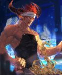  1boy abs alternate_costume apron bara beard chest collarbone cooking dark_skin dark_skinned_male facial_hair headband horns ifrit_(tokyo_houkago_summoners) male_focus manly muscle nikism nipples pectorals pointy_ears red_eyes red_hair shirtless solo spiked_hair sweat tokyo_houkago_summoners upper_body 