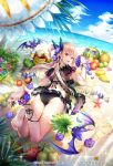  1girl ahoge animal ass banana barefoot bat beach beach_mat bikini black_bikini blonde_hair bracelet breasts butterfly_hair_ornament cloud day flower flower_anklet food from_behind fruit grapes hair_ornament highres holding jewelry legs_up long_hair looking_at_viewer looking_back lying medium_breasts nemusuke ocean official_art on_stomach outdoors pointy_ears red_eyes romancing_saga_re;universe sand slit_pupils solo swimsuit thighs vampire_lady_(romancing_saga) water watermark watermelon 