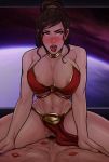  1boy 1girl areola_slip areolae bastila_shan blush breasts brown_hair cherry-gig cleavage collarbone commentary english_commentary girl_on_top hair_tie hetero lipstick loincloth loincloth_aside looking_at_viewer makeup male_pubic_hair navel open_mouth penis planet pov pubic_hair pussy red_lips sex solo_focus space spread_legs star_(sky) star_wars star_wars:_knights_of_the_old_republic sweat teeth tied_hair tongue vaginal window yellow_eyes 