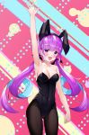  1girl :d absurdres ahoge animal_ears arm_up armpits ass_visible_through_thighs black_legwear blush braid breasts bunny_ears bunnysuit cleavage cqingwei highlights highres hololive minato_aqua multicolored_hair open_mouth pantyhose purple_eyes purple_hair smile solo striped striped_background twintails two-tone_hair virtual_youtuber 