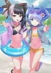  blue_eyes blue_hair eyewear_on_head geisha-geisha- hair_ornament hair_ribbon innertube jacket kunai long_hair looking_at_viewer multicolored_hair navel nijisanji ocean one_eye_closed red_eyes ribbon sandals summer twintails virtual_youtuber water_gun weapon yorumi_rena yuuki_chihiro 