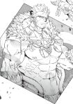  1boy abs bara beard chest facial_hair greyscale headband highres jewelry male_focus manly monochrome muscle necklace nikism nipples pectorals pointy_ears shirtless solo spiked_hair tangaroa tattoo tokyo_houkago_summoners upper_body 