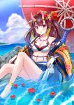  1girl artist_name bare_shoulders bikini bikini_skirt blurry blush breasts brown_eyes brown_hair cleavage cloud cloudy_sky club commentary_request day eyebrows_visible_through_hair hair_ornament highres horns jewelry knees_up long_hair looking_at_viewer medium_breasts necklace nichika_(nitikapo) ocean oni_horns open_mouth oriental_umbrella original partially_submerged petals petals_on_liquid red_hair red_nails sarong sitting sky solo swimsuit umbrella weapon wristband 