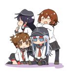  4girls =_= akatsuki_(kantai_collection) anchor_symbol aneko_(toshishitanoane) black_legwear black_sailor_collar black_skirt blue_eyes brown_eyes brown_hair chibi fang flat_cap folded_ponytail hair_ornament hairclip hat hibiki_(kantai_collection) ikazuchi_(kantai_collection) inazuma_(kantai_collection) kantai_collection long_hair long_sleeves looking_at_viewer looking_to_the_side multiple_girls neckerchief pleated_skirt purple_eyes purple_hair red_neckwear sailor_collar school_uniform serafuku shirt short_hair silver_hair simple_background skirt white_background white_shirt 