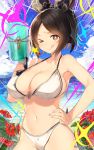  +_+ 1girl :q bangs bikini black_hair blush bow breasts brown_eyes brown_hair cleavage cup flower hair_bow hand_on_hip hibiscus highres large_breasts looking_at_viewer mug ocean short_hair short_ponytail smile solo swimsuit tatami_to_hinoki tongue tongue_out utawareru_mono utawareru_mono:_itsuwari_no_kamen watermark white_bikini 