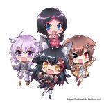  &gt;_o 4girls animal_ear_fluff animal_ears azki_(hololive) black_hair black_shirt black_skirt blue_eyes blush bone_hair_ornament brown_hair cat_ears cat_girl cat_tail chibi colonel_aki commentary detached_sleeves dog_ears dog_girl dog_tail dress english_commentary eyebrows_visible_through_hair fang hair_between_eyes hair_ornament hairclip hololive inugami_korone jacket leg_up long_hair looking_at_viewer multicolored_hair multiple_girls nekomata_okayu one_eye_closed onigiri_print ookami_mio open_clothes open_jacket open_mouth pink_hair purple_eyes purple_hair red_eyes red_hair shirt short_hair simple_background skin_fang skirt tail two-tone_hair white_background white_dress wolf_ears wolf_girl wolf_tail yellow_eyes yellow_jacket 
