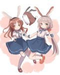  2girls alternate_costume animal_ears blouse blue_neckwear blue_skirt bokukawauso brown_eyes brown_hair bunny_ears commentary_request green_eyes grey_hair kantai_collection kneehighs long_hair long_skirt low_twintails matching_outfit mikura_(kantai_collection) multiple_girls neck_ribbon otter puffy_short_sleeves puffy_sleeves red_footwear ribbon short_sleeves skirt thighhighs twintails white_blouse white_legwear wss_(nicoseiga19993411) yashiro_(kantai_collection) 
