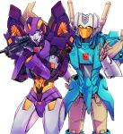  1boy 1girl aiming autobot blue_eyes brainstorm commission dataglitch english_commentary gun hand_on_hip highres holding holding_gun holding_weapon nautica no_humans open_hand transformers visor weapon white_background 