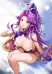 1girl :d angela_(seiken_densetsu_3) bare_legs bare_shoulders blurry boku_koyuki_mx breasts choker cleavage depth_of_field dress earrings gloves gold_trim green_eyes hat highres jewelry large_breasts long_hair looking_at_viewer open_mouth pointy_ears ponytail purple_gloves purple_hair red_dress seiken_densetsu seiken_densetsu_3 sidelocks sitting smile solo strapless strapless_dress thighs 