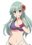  1girl alternate_costume aqua_hair bare_shoulders bikini breasts cleavage eyebrows_visible_through_hair flower green_eyes hair_between_eyes hair_flower hair_ornament hinase_(jet_hearts) kantai_collection large_breasts long_hair looking_at_viewer midriff navel purple_bikini signature simple_background smile solo suzuya_(kantai_collection) swimsuit upper_body v white_background 