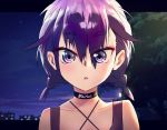  1girl absurdres artist_name bokutachi_wa_benkyou_ga_dekinai chestnut_mouth choker dochacci eyebrows_visible_through_hair hair_over_one_eye highres kominami_asumi looking_at_viewer night night_sky outdoors purple_eyes short_hair short_twintails sky solo twintails upper_body 