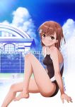 1girl barefoot black_swimsuit blush breasts brown_eyes brown_hair chain-link_fence competition_school_swimsuit competition_swimsuit fence looking_at_viewer misaka_mikoto one-piece_swimsuit pool poolside puma_(hyuma1219) school_swimsuit shiny shiny_hair shiny_skin short_hair sitting small_breasts smile solo swimsuit to_aru_kagaku_no_railgun to_aru_majutsu_no_index water 