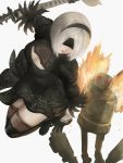  1girl black_dress black_legwear blindfold boots breasts cleavage cleavage_cutout commentary_request dress feather_trim feathers gloves highres holding holding_weapon lips long_sleeves medium_breasts mole mole_under_mouth nier_(series) nier_automata nyatokanyaru parted_lips puffy_sleeves robot shiny shiny_skin short_dress short_hair simple_background sword thigh_boots thighhighs weapon white_background white_hair yorha_no._2_type_b 