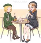  2girls :d :t abigail_williams_(fate/grand_order) bangs beret black_bow black_dress black_footwear black_headwear blonde_hair blue_eyes blush boots bow brown_gloves brown_legwear bug butterfly chair character_name closed_eyes closed_mouth collared_jacket commentary_request cup dress eating fate/grand_order fate_(series) food fork gloves green_headwear green_jacket hair_bow hat holding holding_fork holding_knife insect jacket knife kopaka_(karda_nui) long_hair long_sleeves mary_janes multiple_girls on_chair open_mouth orange_bow pancake pantyhose parted_bangs paul_bunyan_(fate/grand_order) plate polka_dot polka_dot_bow shoes sitting smile stack_of_pancakes table teacup teapot very_long_hair 