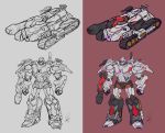  1boy clenched_hands dated decepticon english_commentary ground_vehicle highres lineart looking_down megatron military military_vehicle motor_vehicle multiple_views no_humans red_eyes redesign tank transformers xxx1320 
