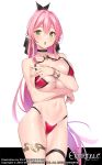  1girl arm_under_breasts bikini blush bracelet breast_hold breasts choker cleavage copyright_name covering covering_breasts cowboy_shot earrings evertale green_eyes hair_between_eyes halterneck highleg highleg_bikini jewelry large_breasts long_hair navel official_art open_mouth pink_hair pointy_ears ponytail pop_kyun red_bikini simple_background solo swimsuit very_long_hair wet 