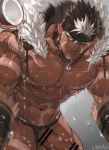  1boy abs bara beard brown_hair chest dark_skin dark_skinned_male erection facial_hair headband highres jewelry male_focus manly muscle navel necklace nikism nipples pectorals penis pointy_ears shirtless solo spiked_hair tangaroa tattoo thighs tokyo_houkago_summoners upper_body wet white_hair yellow_eyes 