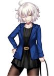  1girl ahoge belt belt_buckle black_dress black_legwear blue_jacket brown_belt buckle casual collarbone contrapposto cowboy_shot dress fate/grand_order fate_(series) grin hand_on_hip jacket jeanne_d&#039;arc_(alter)_(fate) jeanne_d&#039;arc_(fate)_(all) jewelry long_sleeves looking_at_viewer mishiro0229 necklace one_eye_closed open_clothes open_jacket pantyhose parted_lips shiny shiny_hair short_dress short_hair silver_hair simple_background smile solo standing v-shaped_eyebrows white_background yellow_eyes 