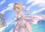  1girl :d absurdres alulunkiruto bangs bikini blonde_hair blue_eyes blue_sky breasts cape cleavage cloud collarbone day diadem dutch_angle europa_(granblue_fantasy) eyebrows_visible_through_hair granblue_fantasy hair_between_eyes highres looking_at_viewer medium_breasts ocean off_shoulder open_mouth outdoors palm_tree shiny shiny_hair short_hair sky smile solo star_(symbol) strapless strapless_bikini summer swimsuit tree white_bikini white_cape 