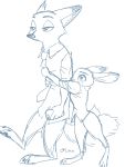  3:4 anthro barefoot bottomwear canid canine cellphone clothed clothing disney duo fox fully_clothed fur half-closed_eyes hi_res holding_cellphone holding_object holding_phone hug hugging_from_behind judy_hopps lagomorph leporid mammal monochrome narrowed_eyes necktie nick_wilde oimotomeru91 pants phone rabbit red_fox shirt simple_background sketch standing topwear white_background zootopia 