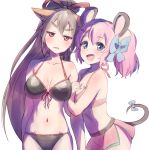  2girls :d a_(show_by_rock!!) animal_ear_fluff animal_ears arm_hug bangs bare_arms bare_shoulders bikini black_bikini black_hair blue_bow blue_eyes blush bow breasts brown_eyes collarbone eyebrows_visible_through_hair hair_between_eyes hair_bow halter_top halterneck high_ponytail highres long_hair medium_breasts mouse_ears mouse_girl mouse_tail multiple_girls nyama open_mouth parted_lips pink_bikini ponytail show_by_rock!! simple_background smile swimsuit tail tail_bow thick_eyebrows un_(show_by_rock!!) very_long_hair white_background 