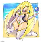  1girl adapted_costume blonde_hair boots breasts choker cleavage commentary floating_ball gloves green_eyes high_heels highres kneeling large_breasts long_hair looking_at_viewer lusamine_(pokemon) midriff_cutout navel oomasa_teikoku poke_ball pokemon pokemon_(game) pokemon_sm smile solo swimsuit thigh_boots thighhighs very_long_hair white_footwear 