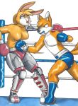  2018 2_tails anthro archie_comics bangs black_eye_(injury) black_nose blue_boots blue_eyes boxing boxing_gloves boxing_shorts bunnie_rabbot canid canine clothed clothing dcheese determined duo female fighting_ring fox fur green_eyes gut_punch handwear hi_res lagomorph leporid male mammal miles_prower mouthguard multi_tail pink_nose prosthetic prosthetic_arm prosthetic_leg prosthetic_limb rabbit sonic_the_hedgehog_(archie) sonic_the_hedgehog_(comics) sonic_the_hedgehog_(series) sport topless traditional_media_(artwork) turnbuckle white_body white_fur yellow_body yellow_fur 
