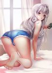  1girl all_fours ass azur_lane bangs bare_shoulders barefoot blush breasts cellphone denim denim_shorts effort_star enterprise_(azur_lane) error eyebrows_visible_through_hair highres holding holding_phone indoors large_breasts long_hair looking_at_viewer looking_back on_bed phone purple_eyes shirt short_shorts shorts silver_hair sleeveless sleeveless_shirt smartphone soles solo thighs very_long_hair wrong_feet 