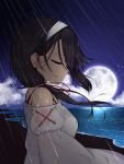  1girl bangs bare_shoulders black_hair breasts closed_eyes cloud cloudy_sky crying dress from_side full_moon hair_over_shoulder hairband highres horizon lavie long_hair long_sleeves medium_breasts moon night night_sky ocean original outdoors rain red_ribbon ribbon sky solo star_(sky) starry_sky streaming_tears tears upper_body water wet wet_clothes white_dress white_hairband wind 
