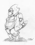  alphys anthro barefoot belly blush bodily_fluids bottomwear breasts buckteeth claws clothed clothing deltarune english_text eyewear female glasses holding_arm jacket looking_at_viewer monochrome necktie nervous non-mammal_breasts overweight overweight_anthro overweight_female pants reptile scalie shirt side_view signature simple_background solo standing sweat teeth text thick_tail tincrash topwear traditional_media_(artwork) undertale video_games 