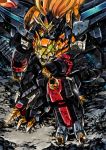  arm_on_knee blue_eyes clenched_hands drill floating_hair garimpeiro genesic_gaogaigar glowing glowing_eyes green_eyes heterochromia highres kneeling looking_down mecha no_humans orange_hair red_eyes super_robot yuusha_ou_gaogaigar yuusha_ou_gaogaigar_final yuusha_series 