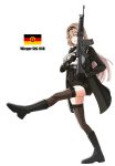  1girl absurdres assault_rifle belt black_footwear black_gloves black_jacket black_legwear black_shorts blazer blonde_hair blue_eyes boots character_name cyka east_german eyebrows_visible_through_hair girls_frontline gloves gun hairband hand_on_weapon highres holding holding_weapon jacket long_hair looking_at_viewer military rifle shorts smile solo stg-940_(girls_frontline) thighhighs truth weapon white_background wieger_stg-940 