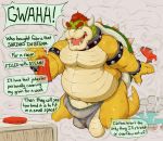  2020 anthro armband balls belly big_balls big_penis bowser bowser_day bulge chubby_male clothing clothing_too_small collar detailed_background dialogue digital_media_(artwork) english_text flaccid genitals holding_object horn koorivlf male mario_bros mostly_nude nintendo penis poking_out scalie slightly_chubby solo steam text towel uncut underwear video_games water wet 