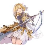  1girl armor black_gloves blonde_hair brown_eyes chrysaor_(granblue_fantasy) djeeta_(granblue_fantasy) gloves granblue_fantasy hairband heart holding holding_sword holding_weapon korean_commentary looking_at_viewer open_mouth pauldrons rapier short_hair shoulder_armor simple_background sketch skirt smile solo suvin_(mononochi) sword weapon white_background white_skirt 