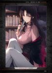  1girl aran_sweater artist_name bangs black_hair black_jacket blush book bookshelf breasts casual closed_mouth commentary cowboy_shot day english_text eyebrows_visible_through_hair eyelashes fate/empire_of_dirt fate_(series) gradient_hair hair_between_eyes hair_ribbon haoni highres holding holding_book indoors jacket jewelry large_breasts light_particles lips long_hair looking_at_viewer multicolored_hair necklace off_shoulder page_number pants parted_bangs pendant pink_sweater red_hair ribbed_sweater ribbon sesshouin_kiara sitting smile solo straight_hair sunlight sweater turtleneck turtleneck_sweater two-tone_hair white_pants yellow_eyes 