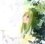  1other absurdres bangs dated enkidu_(fate/strange_fake) fate/strange_fake fate_(series) from_side green_eyes green_hair highres kingu_(fate) leaf long_hair long_sleeves looking_up open_mouth profile seboneko signature solo upper_body wide_sleeves 