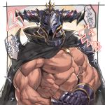  1boy abs bara cape chest cloak flexing gauntlets granblue_fantasy helmet looking_at_viewer male_focus muscle nikism nipples pectorals pose shirtless solo translation_request upper_body vaseraga veins 