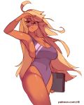  1girl ahoge alma_armas blonde_hair breasts brown_eyes cleavage computer covered_navel curvy dark_skin glasses holding_laptop huge_ahoge laptop large_breasts long_hair one-piece_swimsuit purple_swimsuit rtil shading_eyes sideboob solo standing strap_gap swimsuit thighs va-11_hall-a very_long_hair white_background 