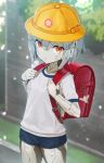  1girl ace_combat android backpack bag breasts commentary_request expressionless gym_shirt gym_shorts gym_uniform hat looking_at_viewer mq-101 personification randoseru red_eyes school_bag school_hat shirt short_hair shorts silver_hair small_breasts solo tom-neko_(zamudo_akiyuki) 