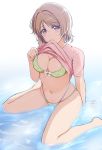  1girl absurdres ankoiri bangs barefoot bikini blush bow bow_bikini breasts brown_hair cleavage commentary eyebrows_visible_through_hair green_bikini highres koizumi_hanayo lifted_by_self looking_at_viewer love_live! love_live!_school_idol_project medium_breasts mouth_hold multi-strapped_bikini navel no_pants pink_shirt purple_eyes shirt shirt_in_mouth shirt_lift short_hair short_sleeves sitting skindentation solo sparkle swimsuit symbol_commentary t-shirt wading wariza water wet 