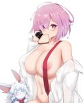  1girl areolae blush breasts confused eyebrows_visible_through_hair fate/grand_order fate_(series) food food_in_mouth fou_(fate/grand_order) glasses hair_between_eyes hair_over_one_eye highres huge_breasts large_breasts lavender_hair looking_at_viewer mash_kyrielight mouth_hold navel nipples phone purple_eyes purple_hair shiny shiny_hair shirt simple_background sitting solo soveno stomach toast toast_in_mouth white_shirt 